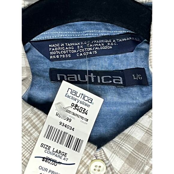 NWT VTG Y2K Nautica Shirt Mens Tan and White Madras Button Down Full Fit Size L - Picture 3 of 5